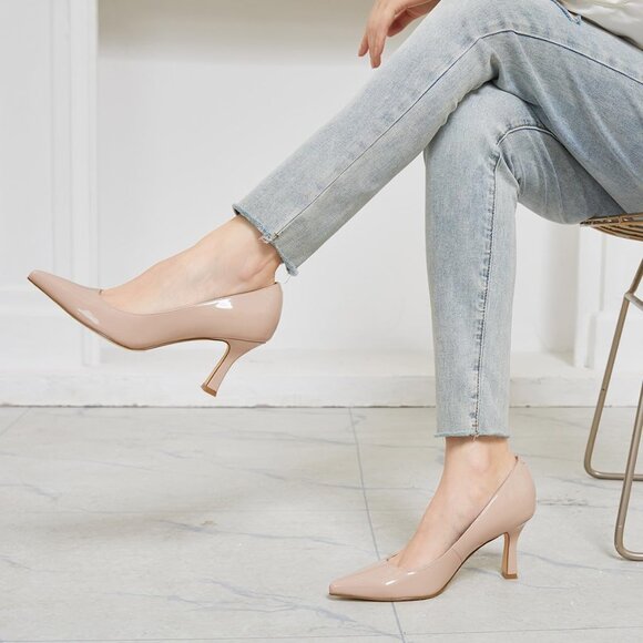 Women's Nude Patent Closed Toe High Heels Dress Pointed Toe Wedding Pump Shoes - Picture 3 of 7